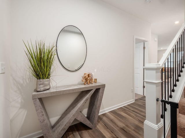 9239 Horseshoe St, Plain City, OH 43064 - corridor with baseboards, stairs, wood finished floors, and recessed lighting