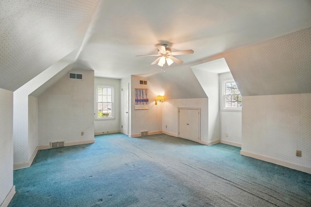 1800 Timberline Dr, Springfield, OH 45504 - additional living space featuring a ceiling fan, carpet flooring, lofted ceiling, and visible vents