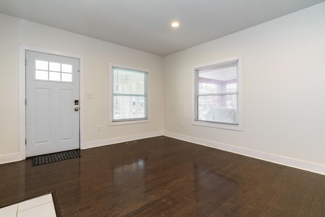 entryway with dark wood finished floors, baseboards, and a healthy amount of sunlight