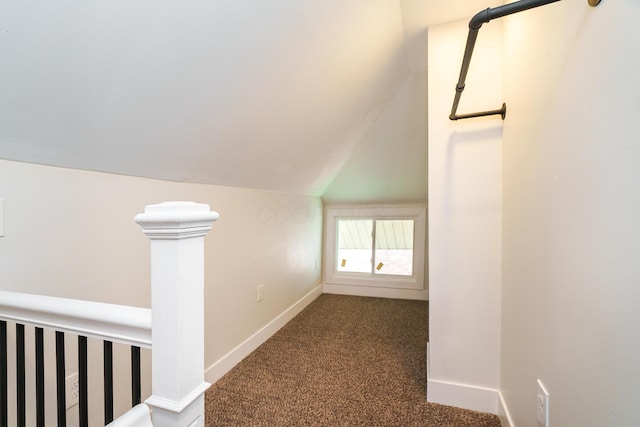 additional living space featuring baseboards, lofted ceiling, and carpet