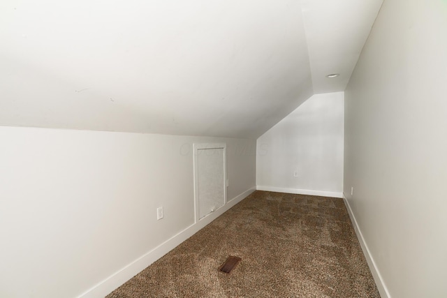 additional living space featuring lofted ceiling, carpet flooring, visible vents, and baseboards
