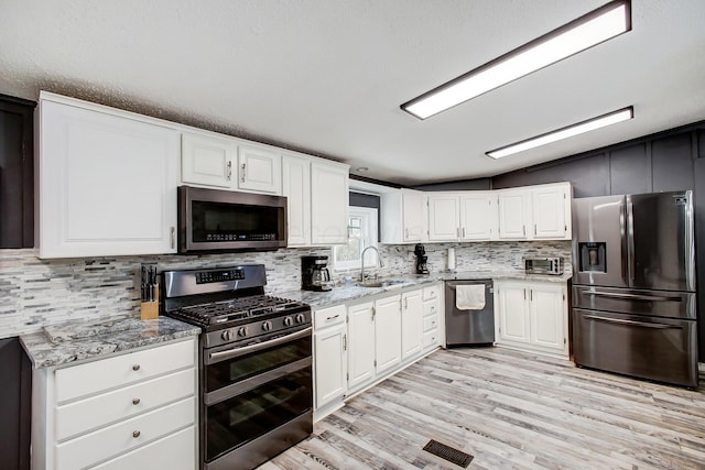 kitchen with white cabinets, a sink, tasteful backsplash, and appliances with stainless steel finishes