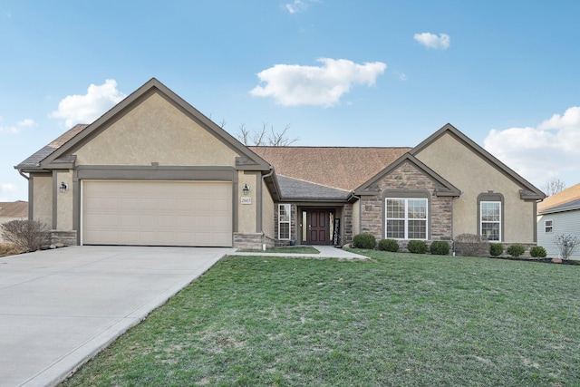 single story home featuring a front yard, stone siding, concrete driveway, stucco siding, and a garage