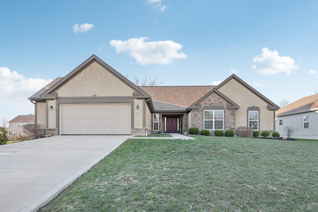 ranch-style house with stone siding, driveway, a garage, and stucco siding