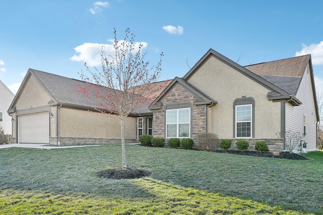 view of front of house with stone siding, a front lawn, stucco siding, and an attached garage