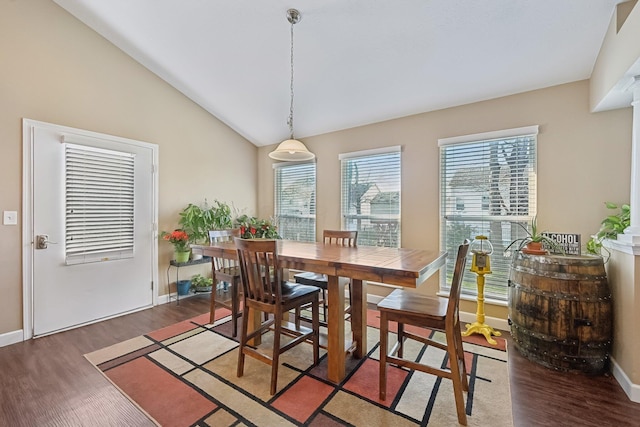 dining room featuring a healthy amount of sunlight, lofted ceiling, and wood finished floors