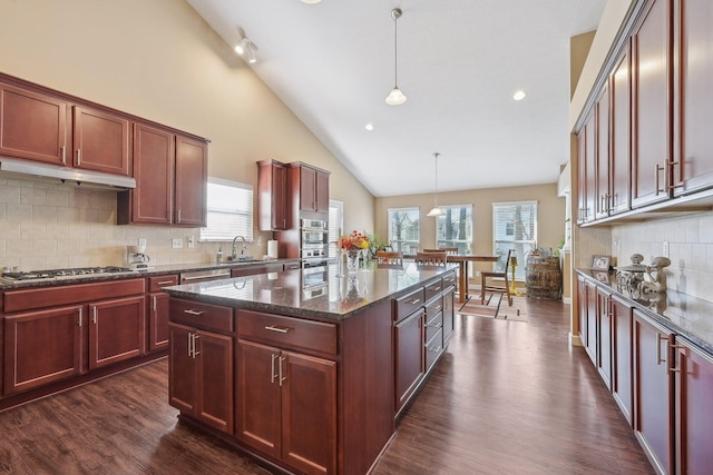 kitchen with dark wood-style flooring, dark stone countertops, under cabinet range hood, a kitchen island, and appliances with stainless steel finishes