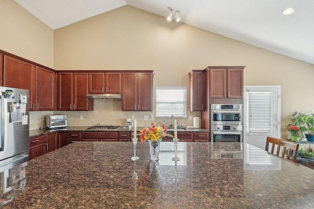 kitchen with high vaulted ceiling, dark stone counters, appliances with stainless steel finishes, under cabinet range hood, and backsplash