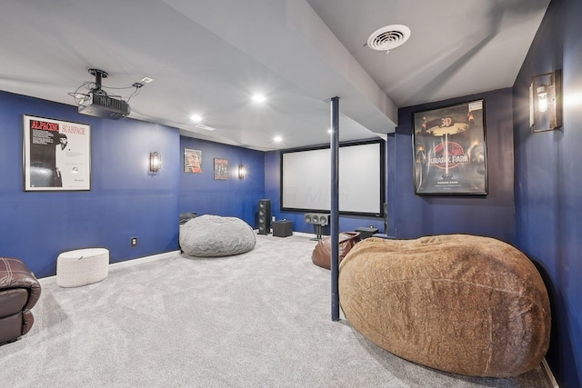 cinema with recessed lighting, carpet, baseboards, and visible vents