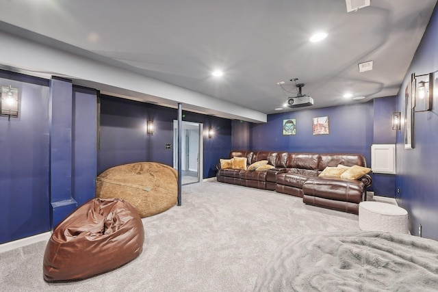 carpeted cinema room with baseboards and recessed lighting