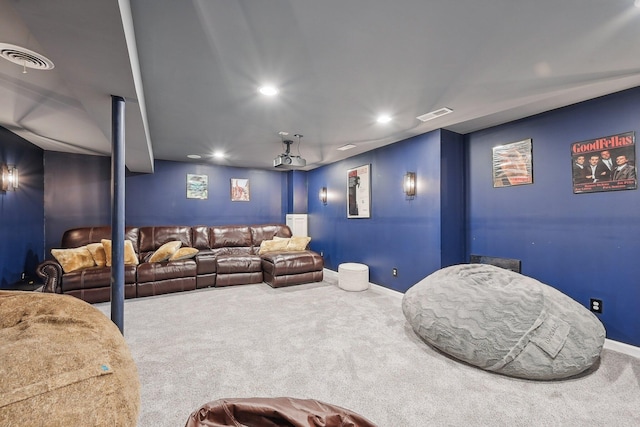 home theater room featuring baseboards, visible vents, recessed lighting, and carpet flooring
