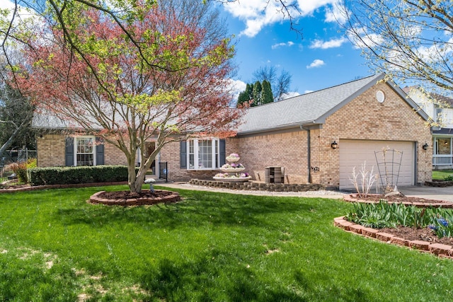 view of front of house with brick siding, an attached garage, a front lawn, and concrete driveway