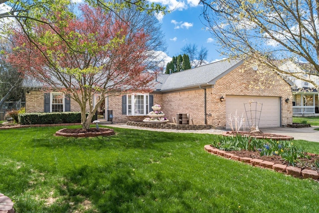view of front of home with a shingled roof, a front lawn, an attached garage, driveway, and brick siding