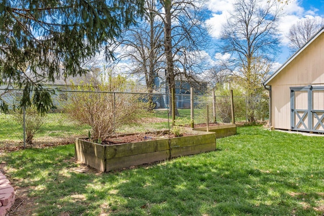 view of yard featuring fence, a garden, a storage shed, and an outdoor structure