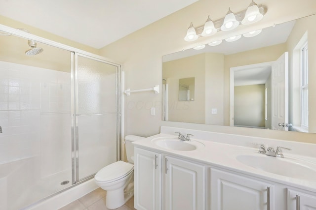 bathroom with a shower stall, tile patterned floors, toilet, and a sink