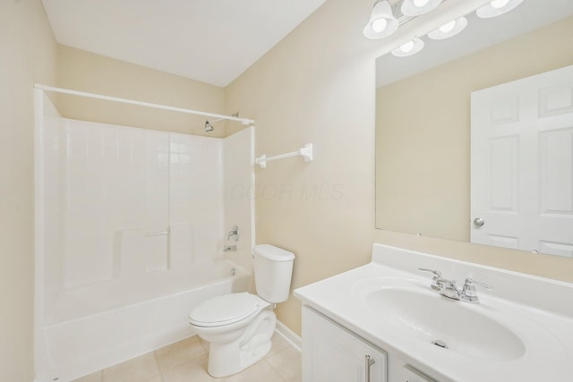 bathroom with bathtub / shower combination, toilet, tile patterned flooring, and vanity