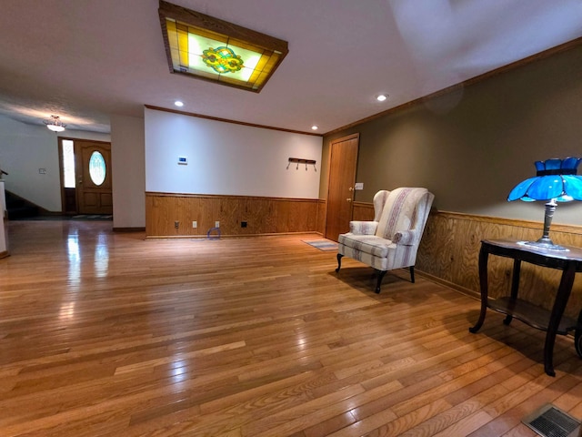 5344 Ridge Ave SE, Canton, OH 44707 - sitting room with a wainscoted wall, wood-type flooring, wood walls, and recessed lighting