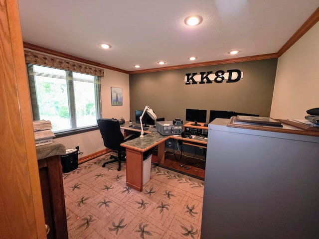 5344 Ridge Ave SE, Canton, OH 44707 - office area featuring ornamental molding, recessed lighting, baseboards, and carpet