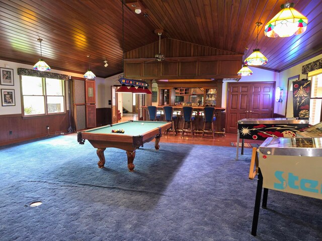 5344 Ridge Ave SE, Canton, OH 44707 - game room with lofted ceiling, wood ceiling, a community bar, billiards, and a wainscoted wall