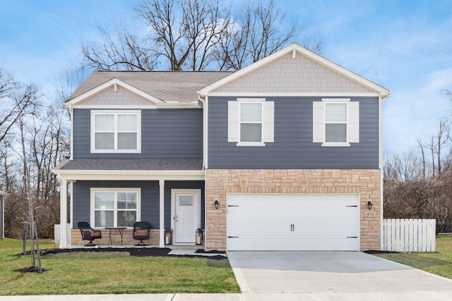view of front facade featuring stone siding, concrete driveway, fence, and covered porch
