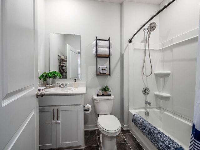 full bath featuring toilet, vanity, shower / bath combo, tile patterned flooring, and baseboards