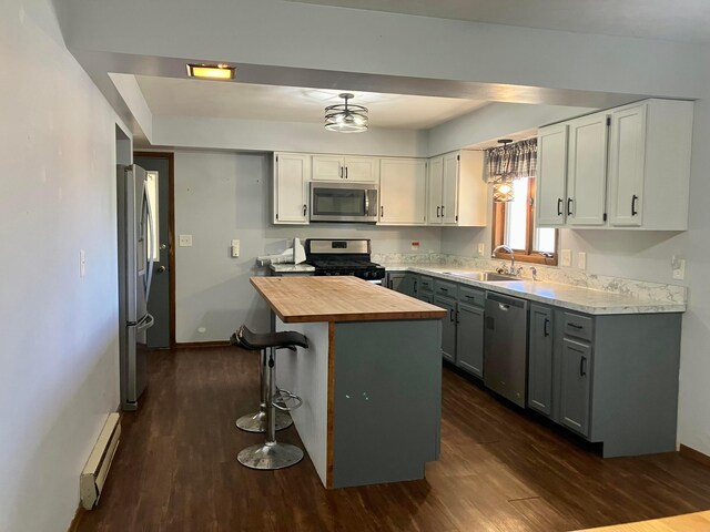 kitchen with stainless steel appliances, a sink, wood counters, baseboard heating, and dark wood-style flooring