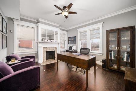 1349 E Broad St, Columbus, OH 43205 - office space featuring crown molding, wood finished floors, a tile fireplace, and a ceiling fan