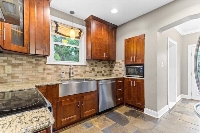 kitchen featuring stainless steel dishwasher, baseboards, light stone counters, a sink, and backsplash