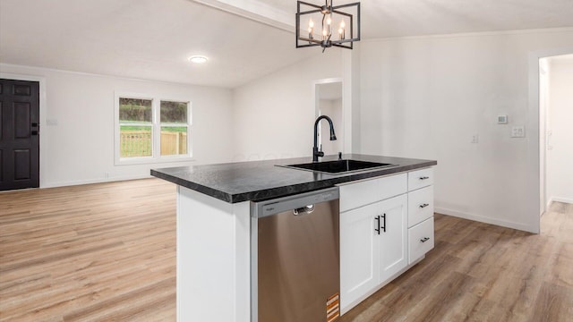 kitchen with a sink, dark countertops, light wood-type flooring, and dishwasher