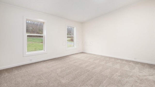 unfurnished room featuring light carpet, baseboards, and crown molding