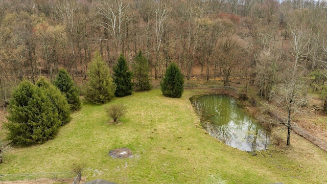 aerial view featuring a water view and a forest view
