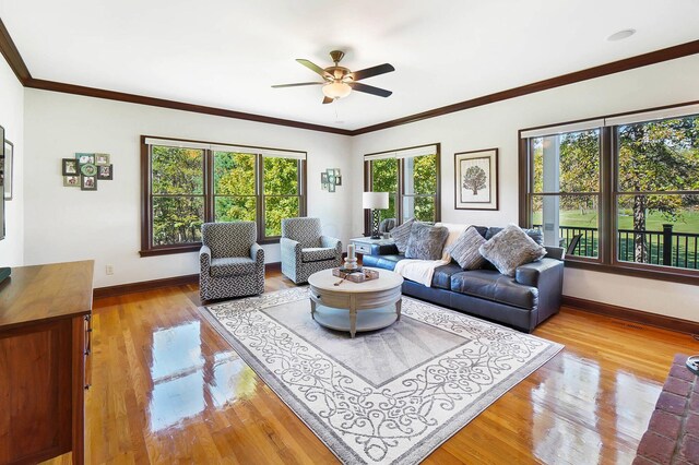 living room with baseboards, ceiling fan, ornamental molding, and light wood finished floors