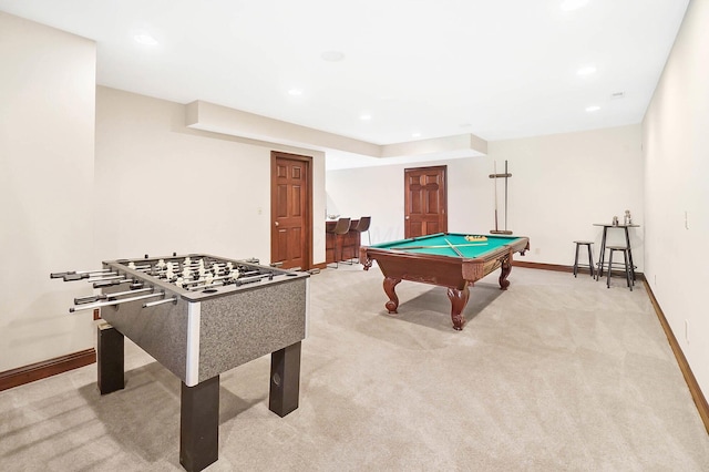 game room featuring light carpet, baseboards, pool table, and recessed lighting