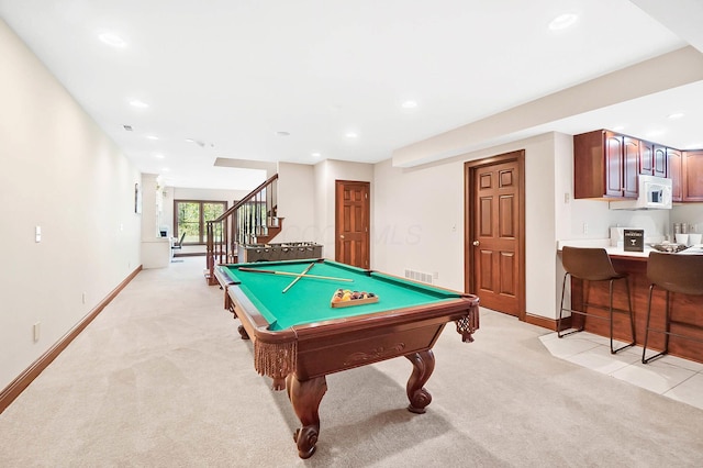 recreation room with light colored carpet, recessed lighting, baseboards, visible vents, and billiards