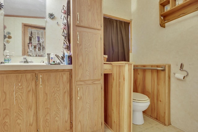 bathroom with vanity, ornamental molding, and toilet