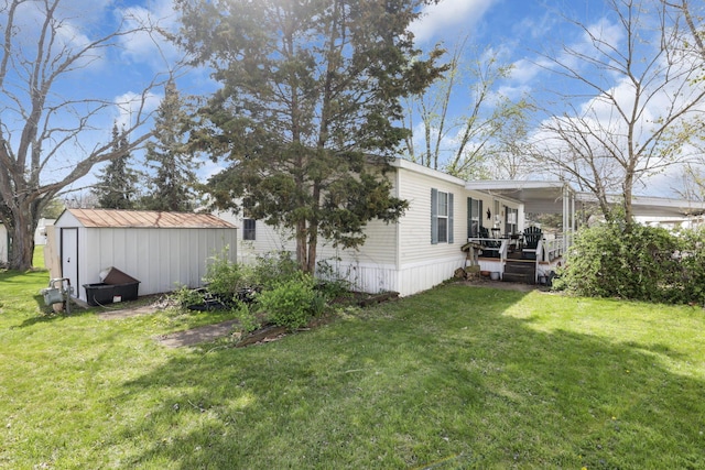 exterior space featuring an outbuilding, a storage unit, and a lawn