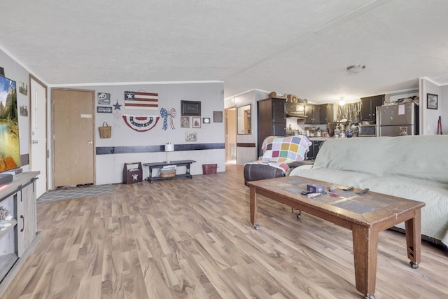 living room featuring light wood finished floors and a textured ceiling