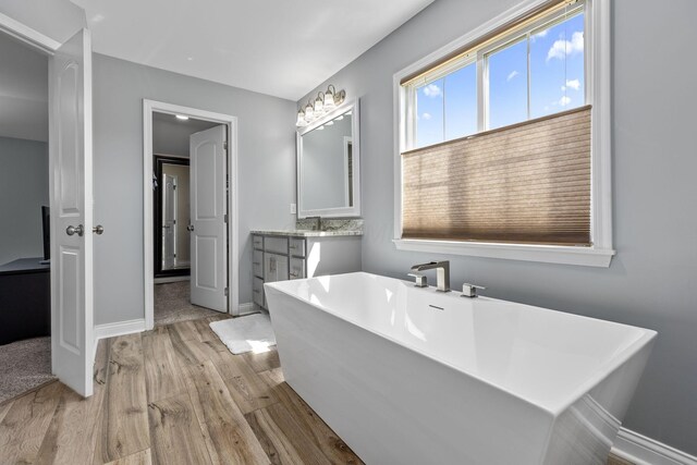 bathroom featuring a freestanding bath, baseboards, vanity, and wood finished floors