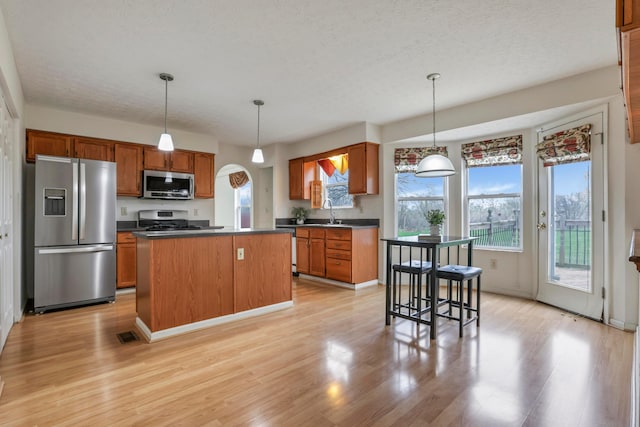 kitchen featuring stainless steel appliances, light wood finished floors, a sink, and dark countertops