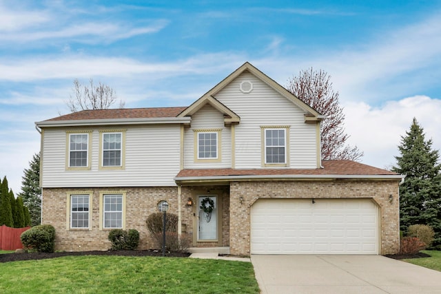 traditional-style home with fence, a front lawn, brick siding, a shingled roof, and driveway