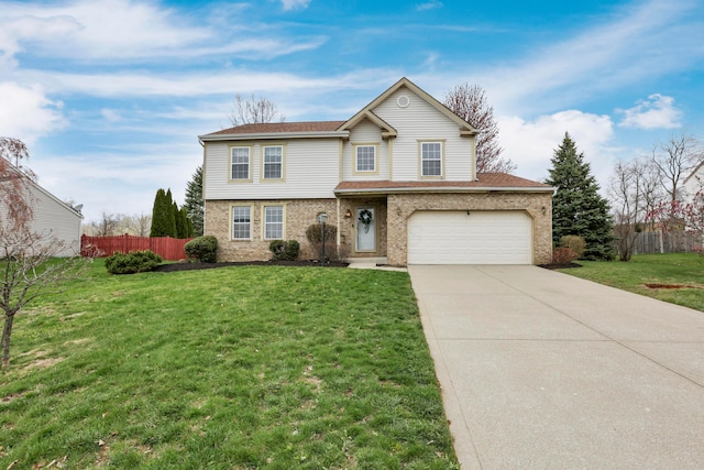 traditional-style home featuring driveway, an attached garage, a front yard, brick siding, and fence