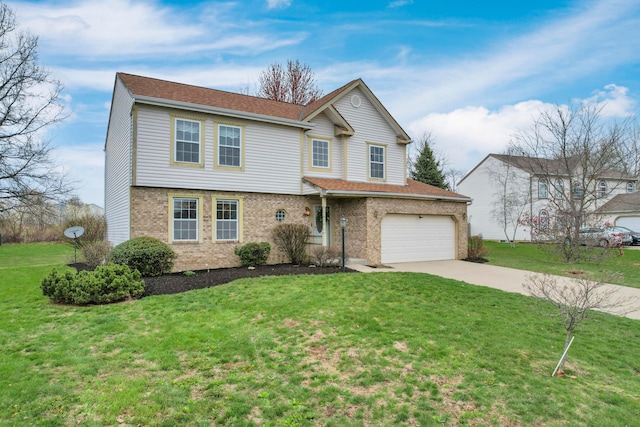 traditional-style house featuring driveway, a garage, a front lawn, and brick siding