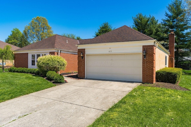 ranch-style house with a chimney, roof with shingles, brick siding, a front lawn, and concrete driveway