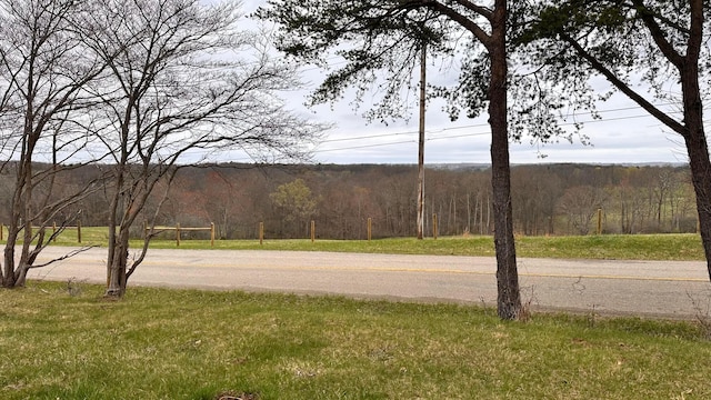 view of road with a forest view
