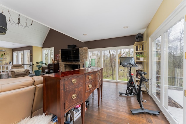 exercise area with lofted ceiling, a fireplace, dark wood-style floors, and plenty of natural light