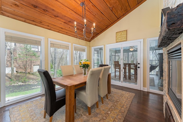 dining room with wood ceiling, baseboards, lofted ceiling, and dark wood finished floors