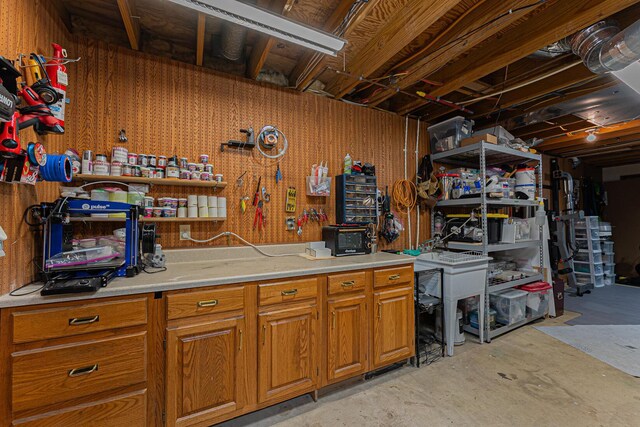 below grade area with a workshop area