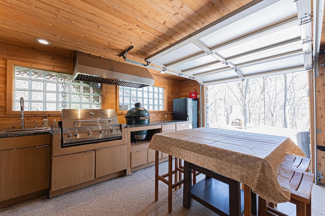 interior space featuring wooden walls, wood ceiling, and recessed lighting