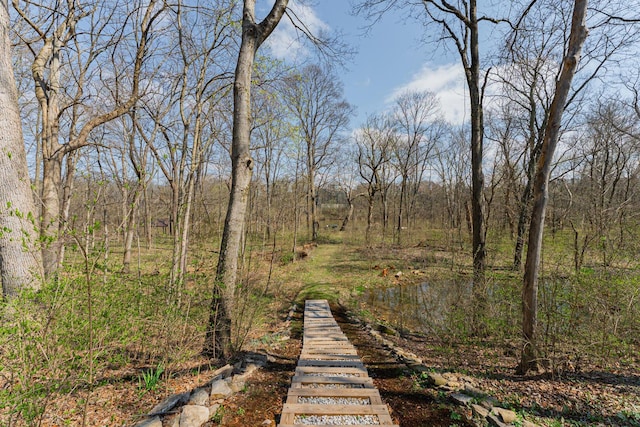 exterior space featuring a forest view