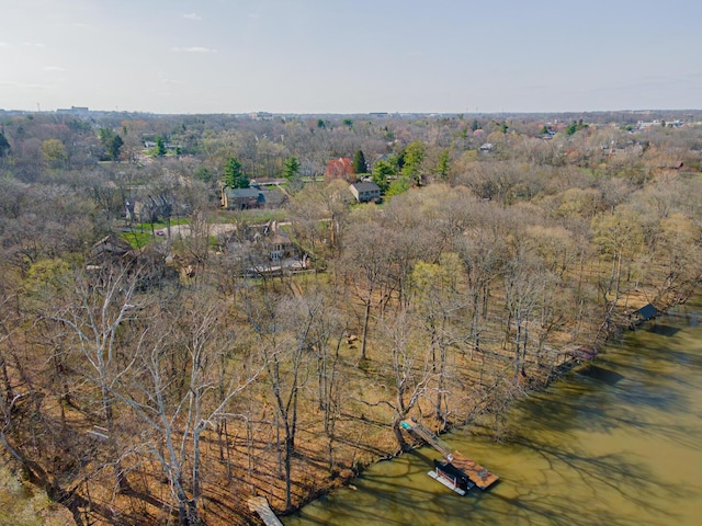 bird's eye view with a water view and a forest view